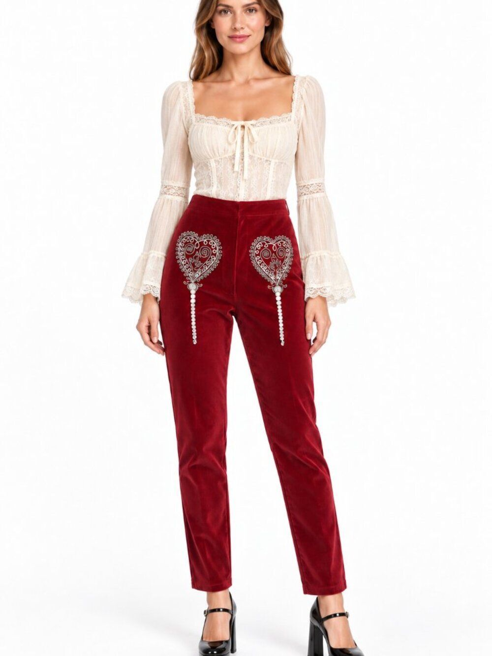 Vintage Rebecca Italy Burgundy Velvet Embellished Heart Y2K Pants Size 42